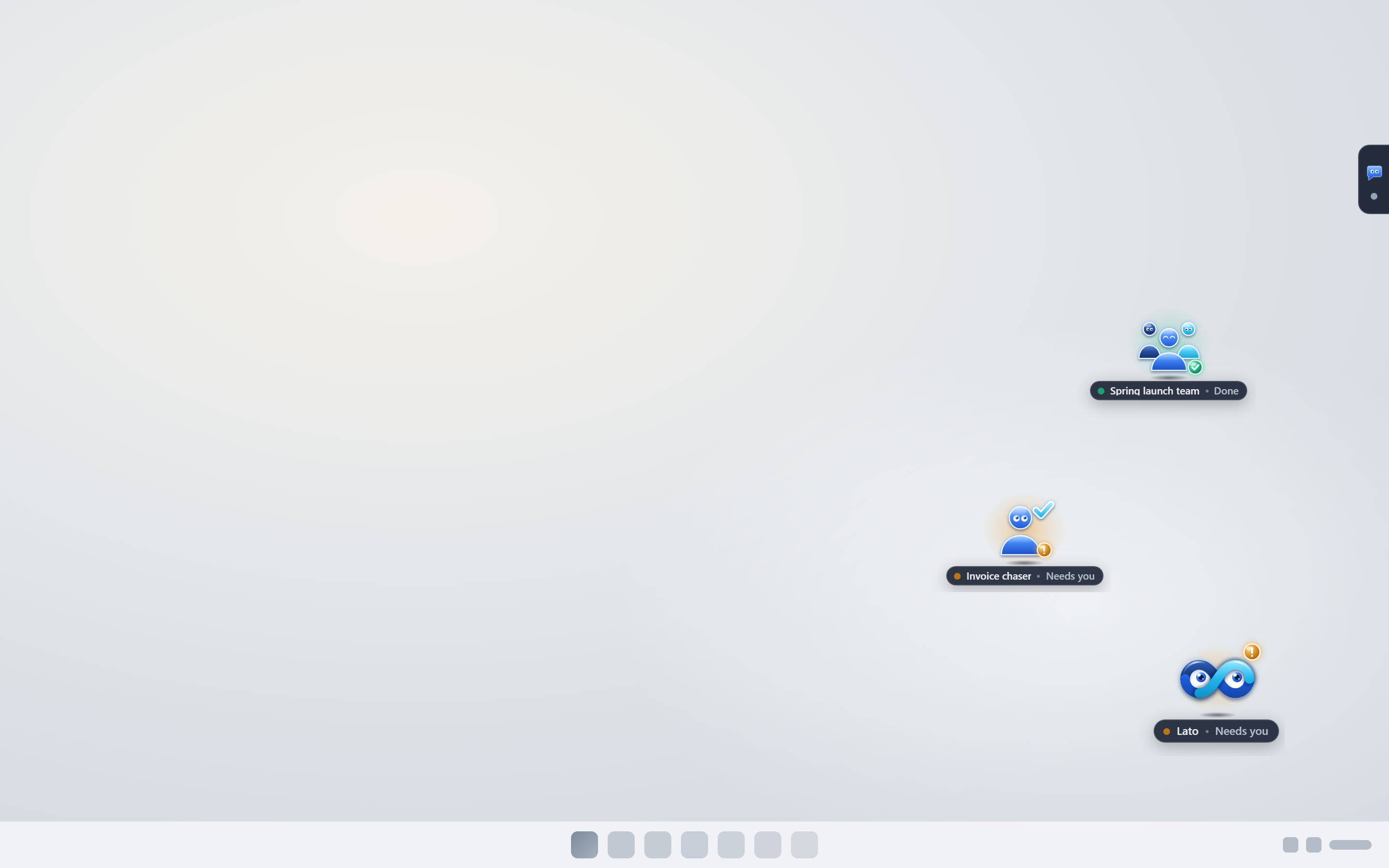 Lato and three small widgets, for a chat, a strict worker and a team, floating on a plain desktop, with one widget tucked as a tab at the screen edge.