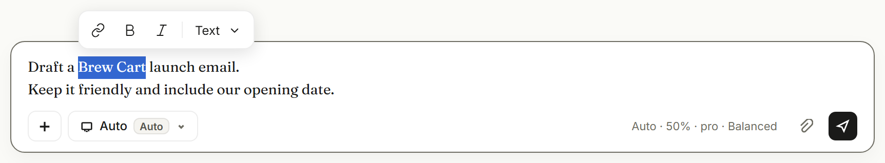 Selected text in the desktop message box with a floating Link, Bold, Italic and Text menu.